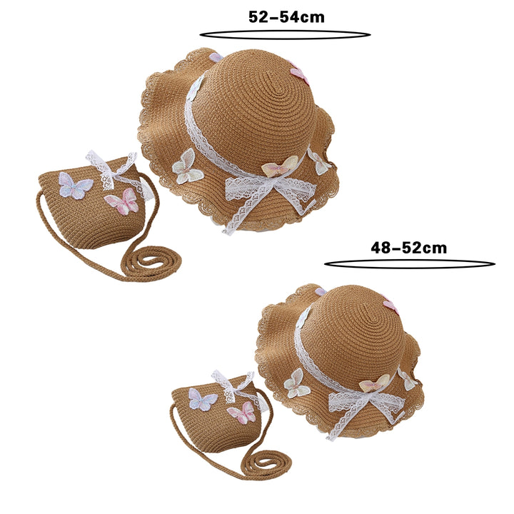 Children Straw Sun Hat Braided Breathable Sun Protection Butterfly Decor Bow-knot Anti-UV Lace Curled Edge Beach Hat Bag Image 10