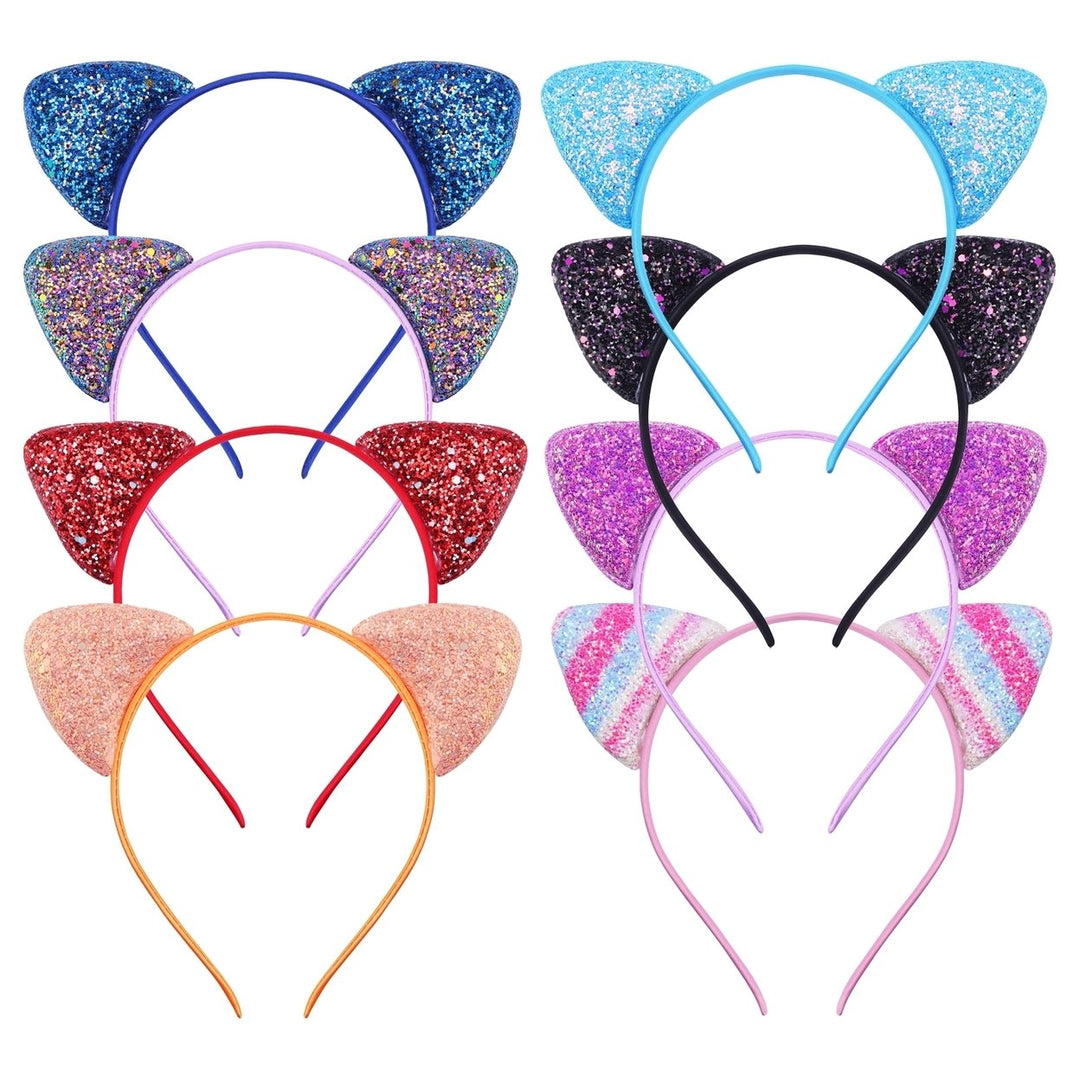 Girls Headband Glitter Sequins Non-slip Slim Flexible Heavy Duty Hairstyle Decoration Candy Color Cartoon Cat Ear Image 1