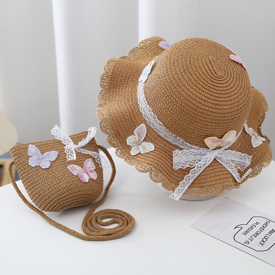 Children Straw Sun Hat Braided Breathable Sun Protection Butterfly Decor Bow-knot Anti-UV Lace Curled Edge Beach Hat Bag Image 11