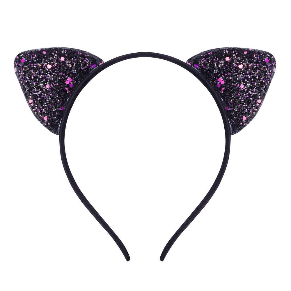 Girls Headband Glitter Sequins Non-slip Slim Flexible Heavy Duty Hairstyle Decoration Candy Color Cartoon Cat Ear Image 2