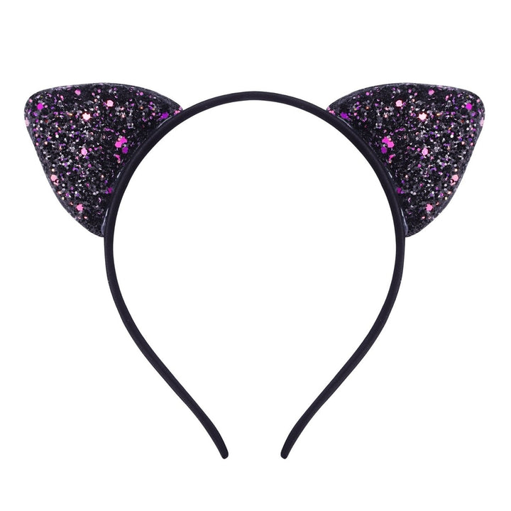 Girls Headband Glitter Sequins Non-slip Slim Flexible Heavy Duty Hairstyle Decoration Candy Color Cartoon Cat Ear Image 1