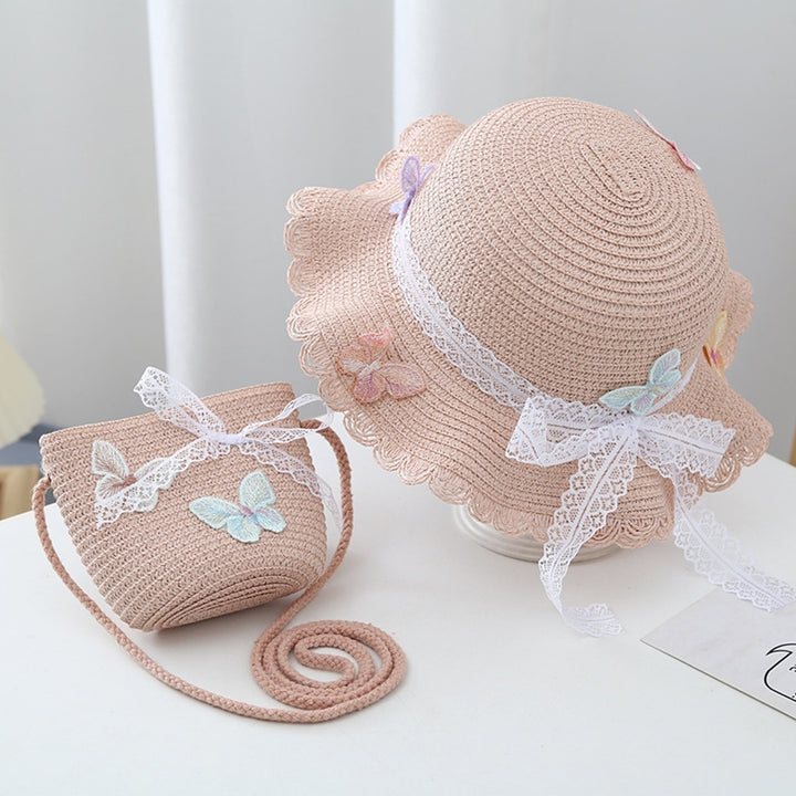 Children Straw Sun Hat Braided Breathable Sun Protection Butterfly Decor Bow-knot Anti-UV Lace Curled Edge Beach Hat Bag Image 12