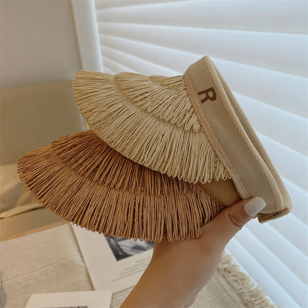 Women Empty Tops Sun Hat Summer Wide Brim Beach Straw Hat Hair Hoop Design Holiday Sunshade Visor Hat Image 6