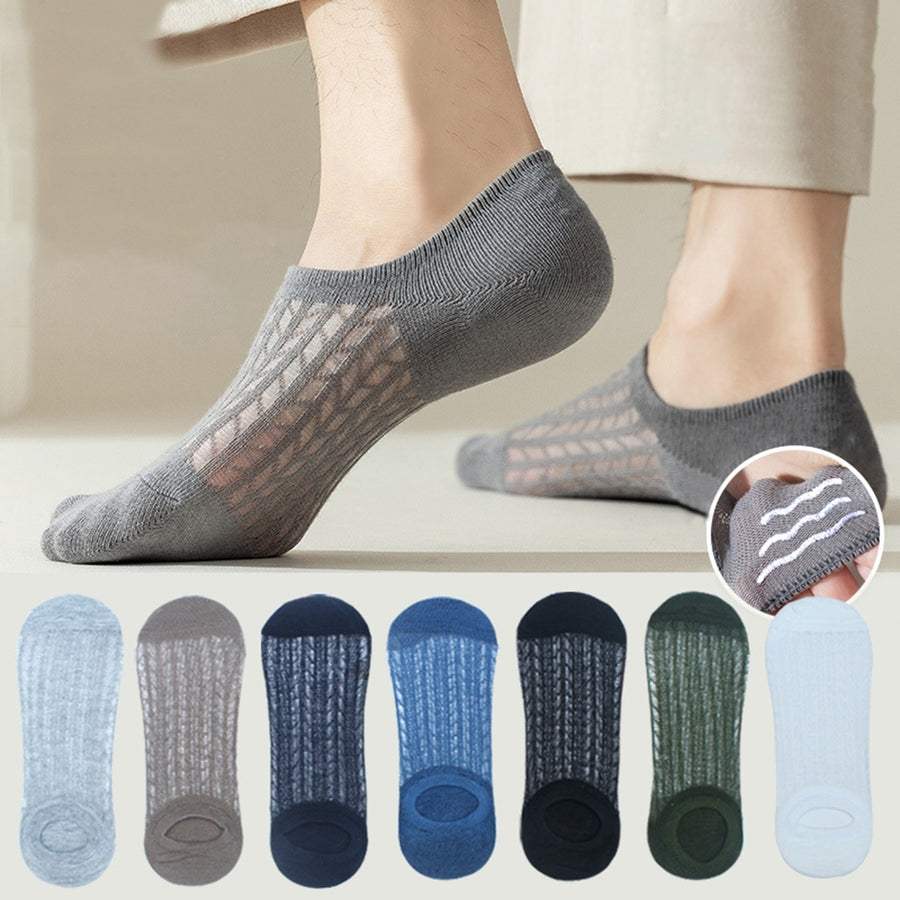 5 Pairs Men Ultra-thin Ankle Socks Solid Color Hollow Out Mesh Shallow Non-Slip Silicone Invisible Socks Breathable Image 1