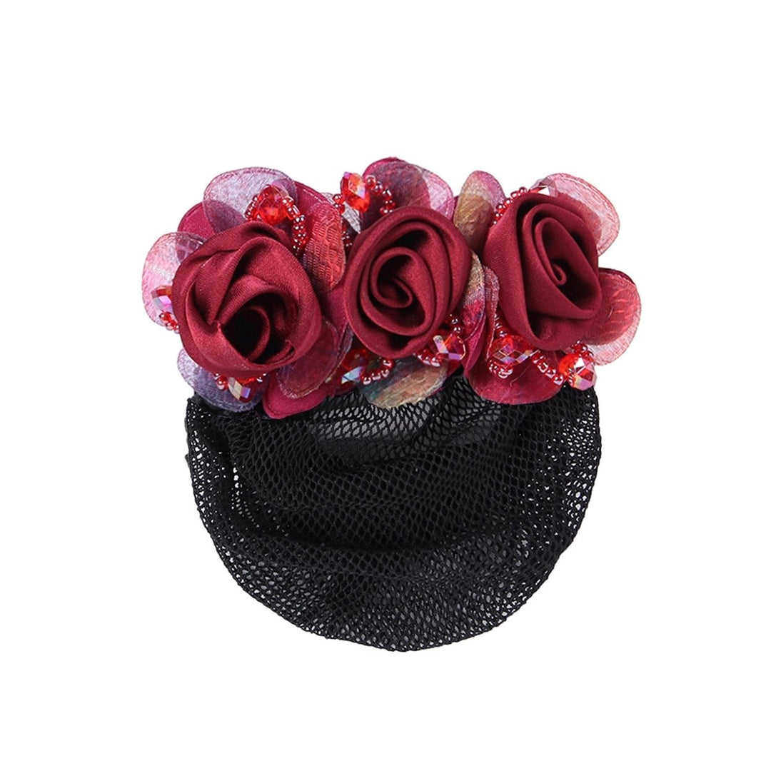 Bun Snood Flower Faux Crystal Hollow Out Elastic Anti-slip Bun Net Snood Gift Mom Hair Clip Image 1