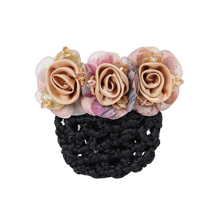 Bun Snood Flower Faux Crystal Hollow Out Elastic Anti-slip Bun Net Snood Gift Mom Hair Clip Image 1