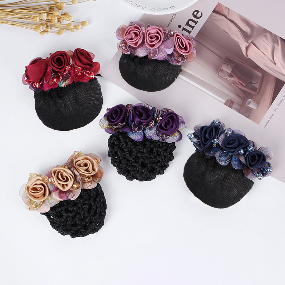 Bun Snood Flower Faux Crystal Hollow Out Elastic Anti-slip Bun Net Snood Gift Mom Hair Clip Image 8