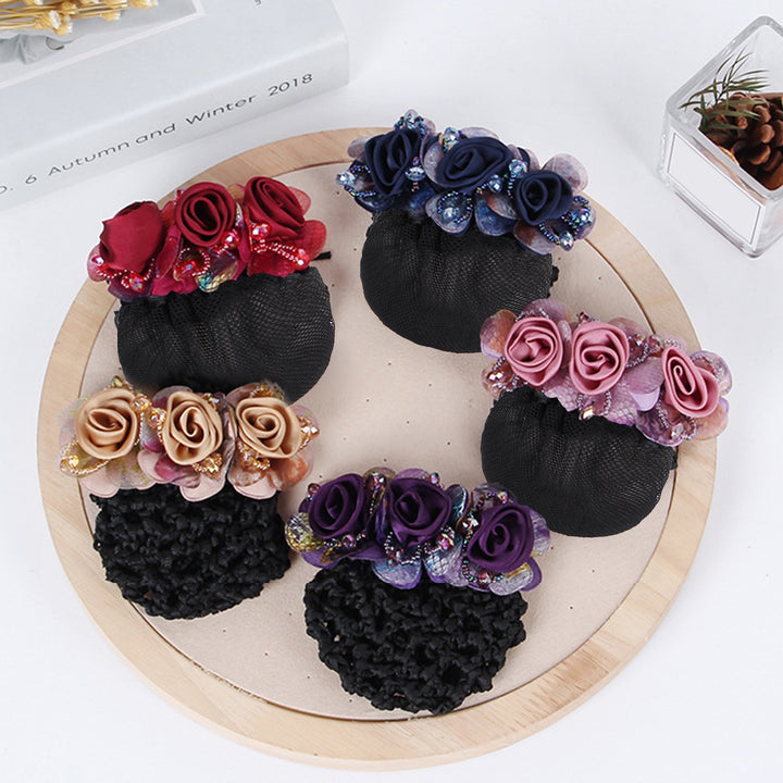 Bun Snood Flower Faux Crystal Hollow Out Elastic Anti-slip Bun Net Snood Gift Mom Hair Clip Image 9