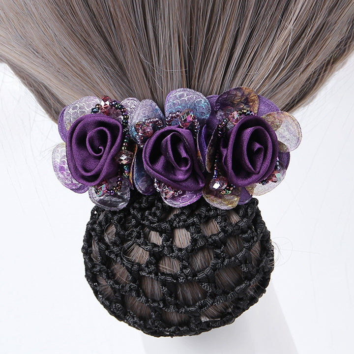 Bun Snood Flower Faux Crystal Hollow Out Elastic Anti-slip Bun Net Snood Gift Mom Hair Clip Image 10