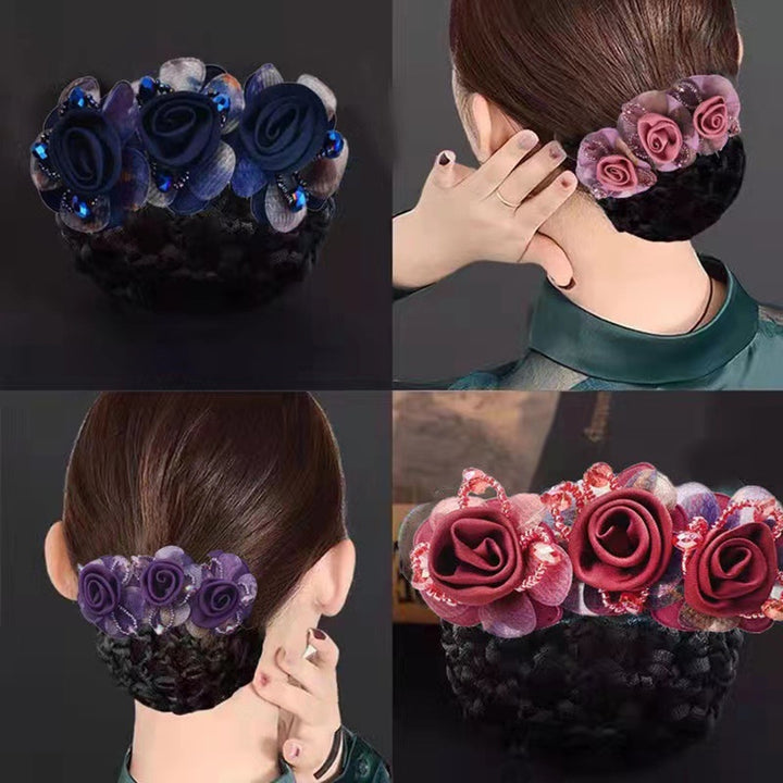 Bun Snood Flower Faux Crystal Hollow Out Elastic Anti-slip Bun Net Snood Gift Mom Hair Clip Image 12