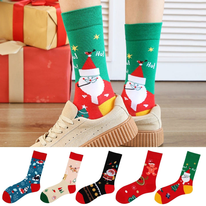 2 Pairs Christmas Socks Mid-tube Socks Colorful Print Santa Snowman Pattern Soft Warm Anti-slip Unisex Elastic Image 1