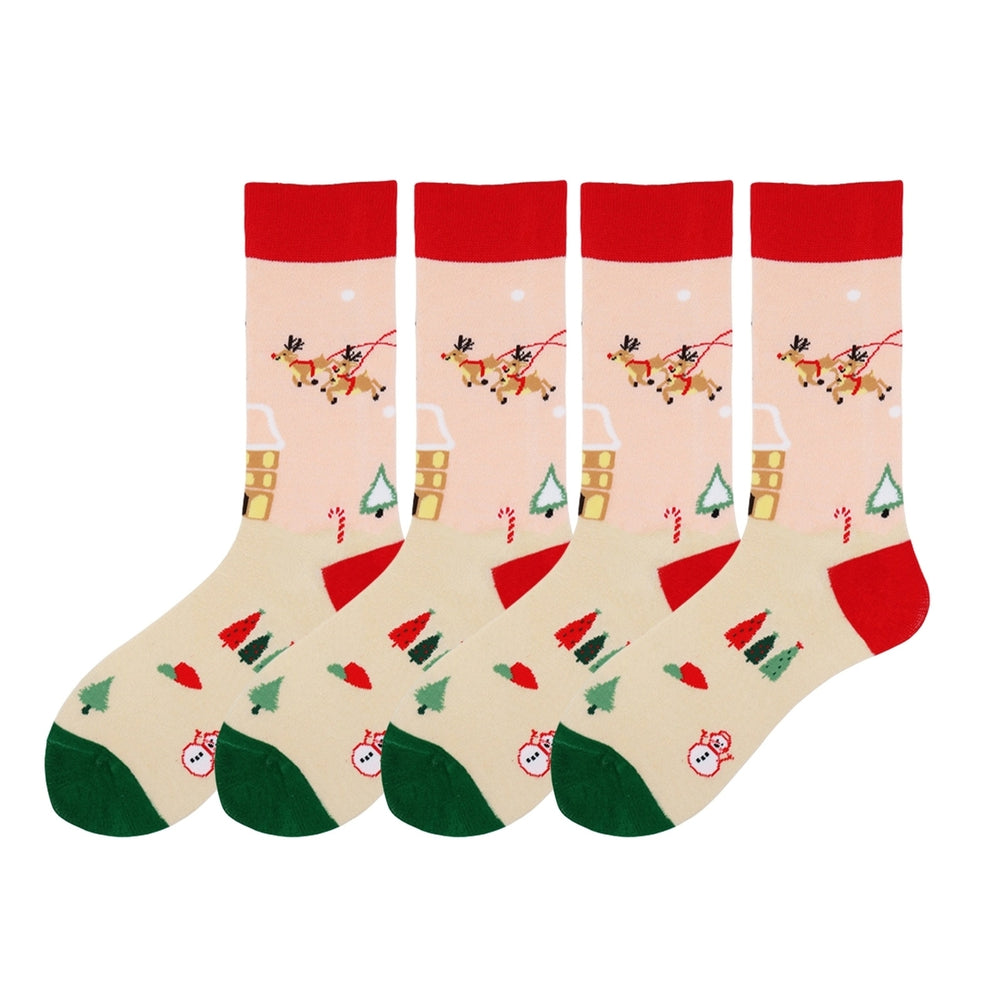 2 Pairs Christmas Socks Mid-tube Socks Colorful Print Santa Snowman Pattern Soft Warm Anti-slip Unisex Elastic Image 2