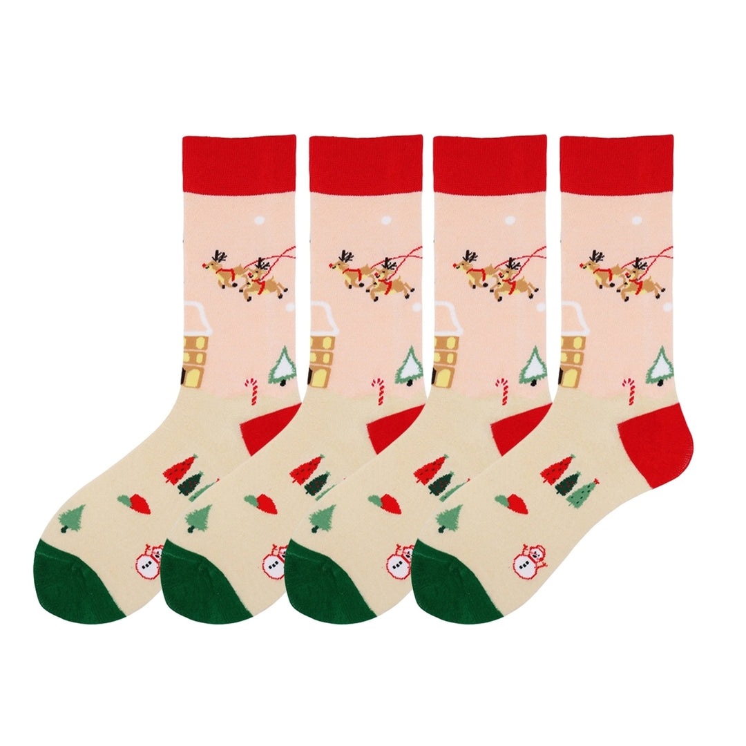 2 Pairs Christmas Socks Mid-tube Socks Colorful Print Santa Snowman Pattern Soft Warm Anti-slip Unisex Elastic Image 1