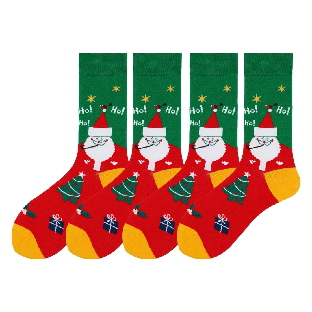 2 Pairs Christmas Socks Mid-tube Socks Colorful Print Santa Snowman Pattern Soft Warm Anti-slip Unisex Elastic Image 4