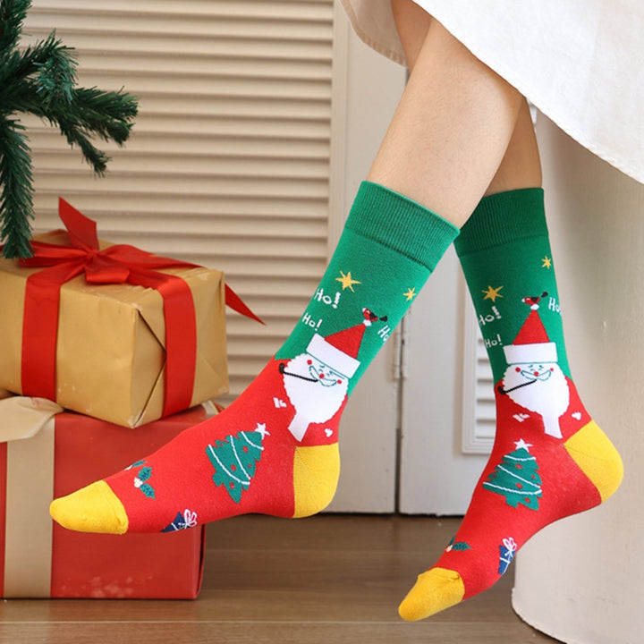 2 Pairs Christmas Socks Mid-tube Socks Colorful Print Santa Snowman Pattern Soft Warm Anti-slip Unisex Elastic Image 7