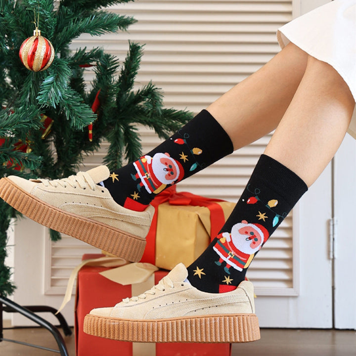 2 Pairs Christmas Socks Mid-tube Socks Colorful Print Santa Snowman Pattern Soft Warm Anti-slip Unisex Elastic Image 8