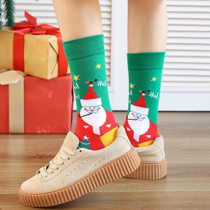 2 Pairs Christmas Socks Mid-tube Socks Colorful Print Santa Snowman Pattern Soft Warm Anti-slip Unisex Elastic Image 9