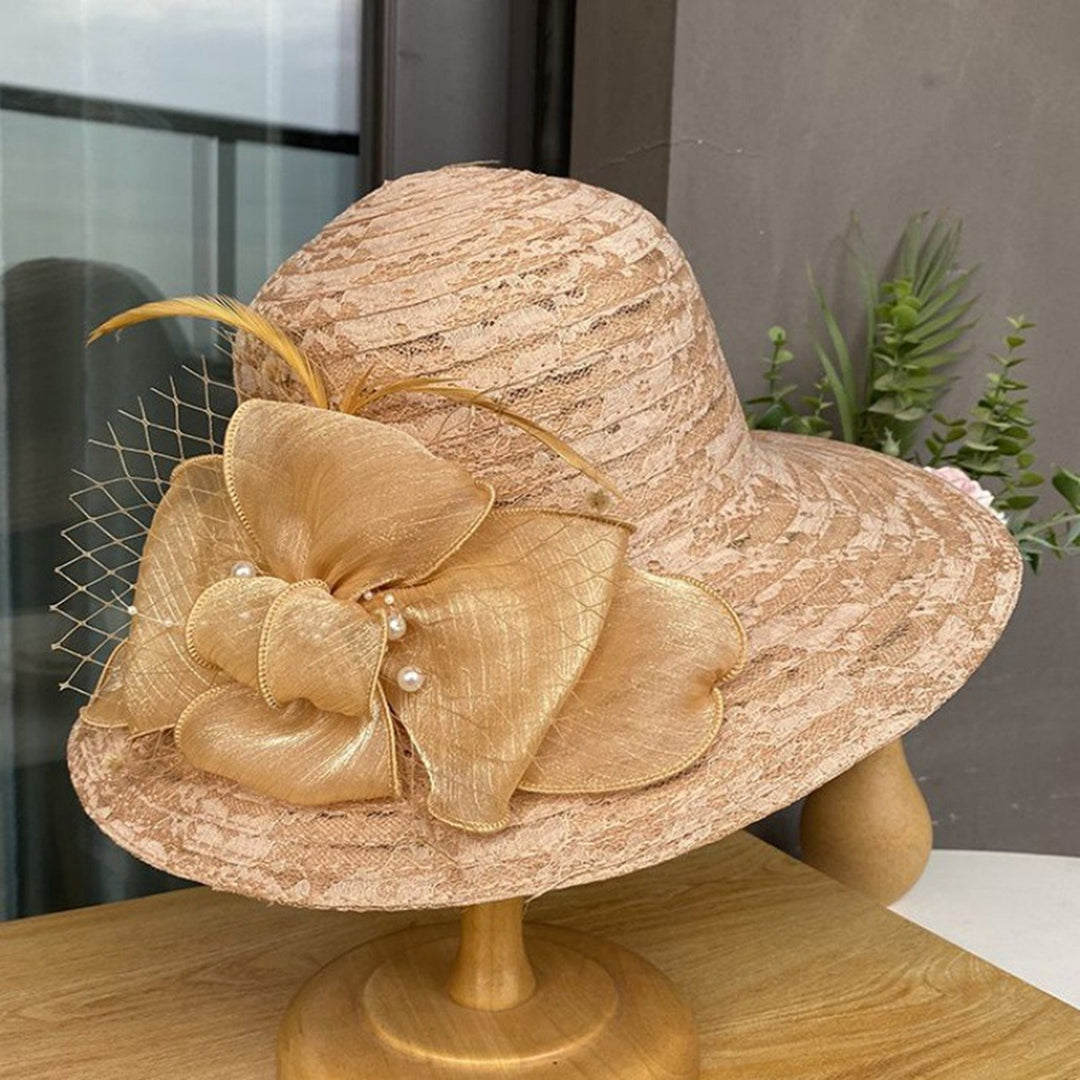 Summer Women Faux Pearls Flower Decor Bucket Hat Elegant Wide Brim Lace Stitching Beach Fascinator Hat Image 1