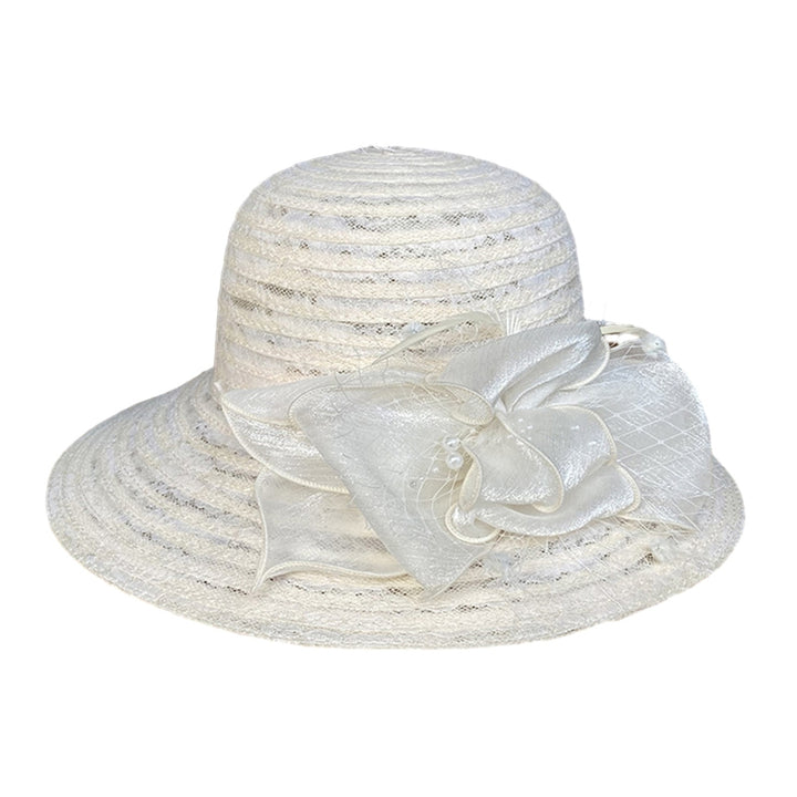 Summer Women Faux Pearls Flower Decor Bucket Hat Elegant Wide Brim Lace Stitching Beach Fascinator Hat Image 4