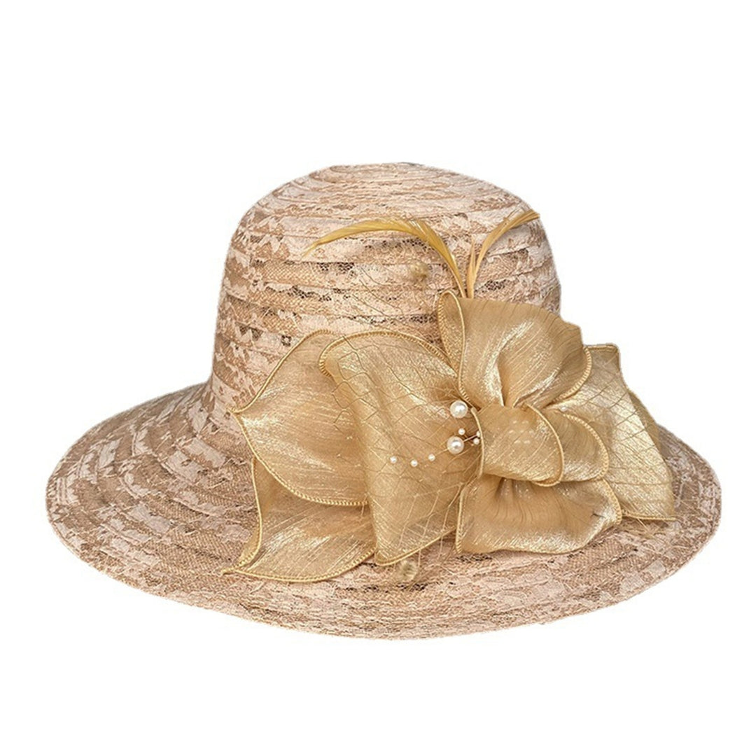 Summer Women Faux Pearls Flower Decor Bucket Hat Elegant Wide Brim Lace Stitching Beach Fascinator Hat Image 4