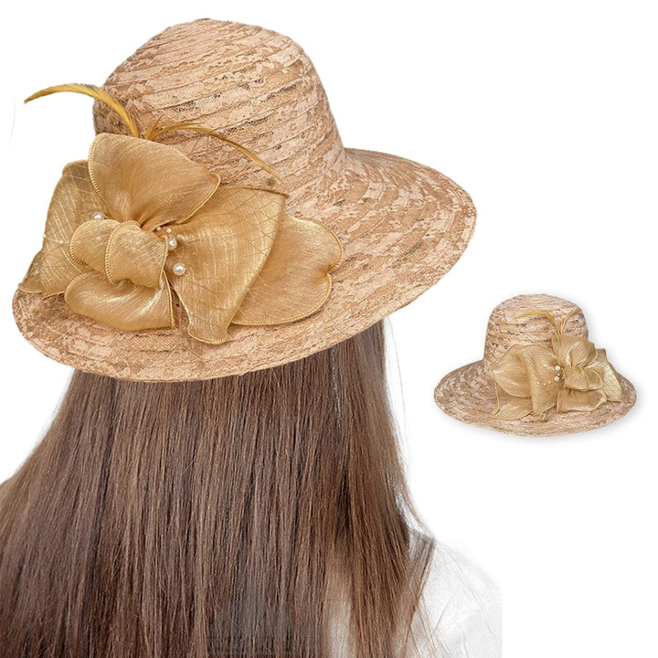 Summer Women Faux Pearls Flower Decor Bucket Hat Elegant Wide Brim Lace Stitching Beach Fascinator Hat Image 6