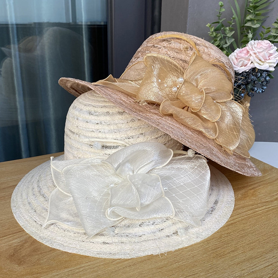 Summer Women Faux Pearls Flower Decor Bucket Hat Elegant Wide Brim Lace Stitching Beach Fascinator Hat Image 8