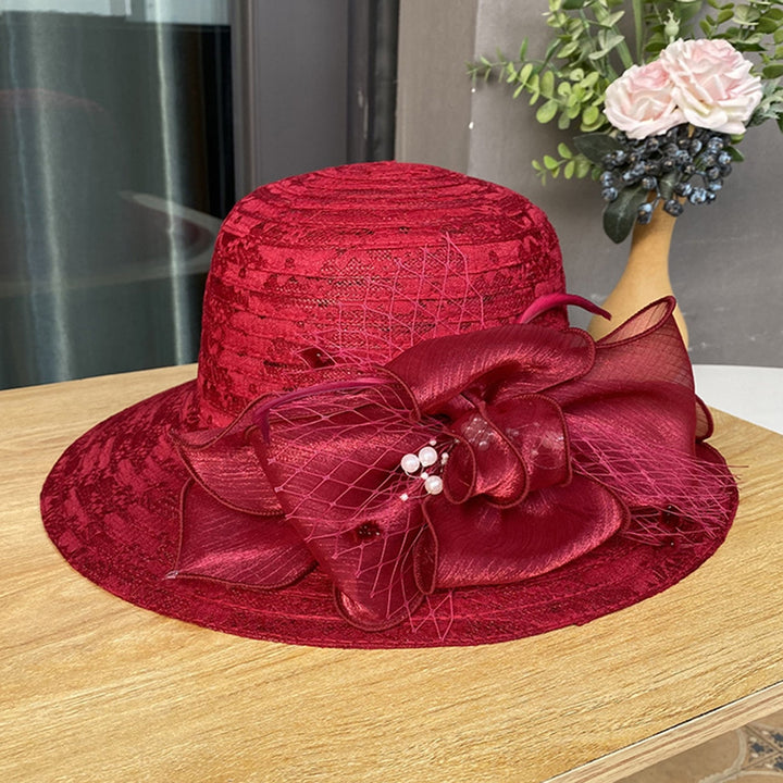 Summer Women Faux Pearls Flower Decor Bucket Hat Elegant Wide Brim Lace Stitching Beach Fascinator Hat Image 10