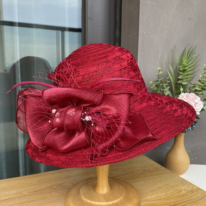 Summer Women Faux Pearls Flower Decor Bucket Hat Elegant Wide Brim Lace Stitching Beach Fascinator Hat Image 11