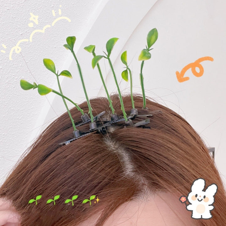 100 Pcs Bean Sprout Hair Clips Plant Hairpins Anti-slip Fake Leaf Funny Shape Long Green Sprout Image 7