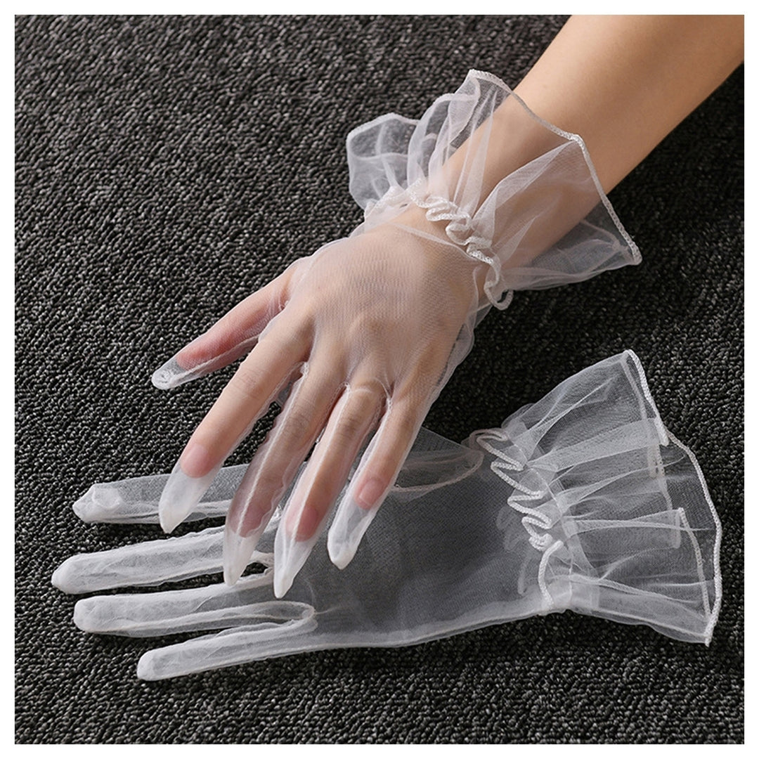 Women Wedding Gloves See-through Ultrathin Shirring Ruffle Lace Full Fingers Prom Ball Cocktail Stage Performance Bride Image 3