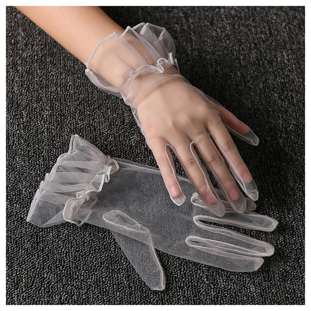 Women Wedding Gloves See-through Ultrathin Shirring Ruffle Lace Full Fingers Prom Ball Cocktail Stage Performance Bride Image 4