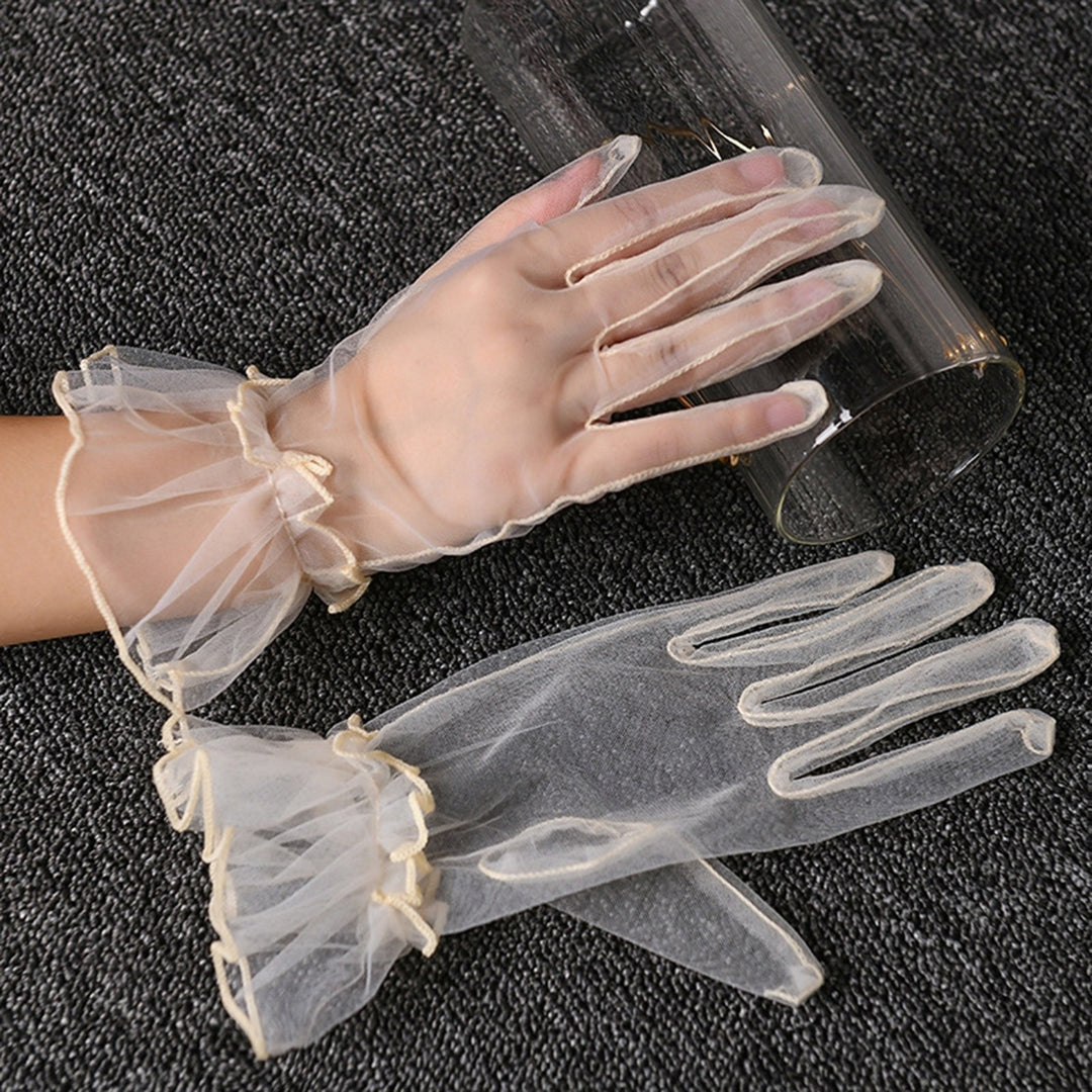 Women Wedding Gloves See-through Ultrathin Shirring Ruffle Lace Full Fingers Prom Ball Cocktail Stage Performance Bride Image 6