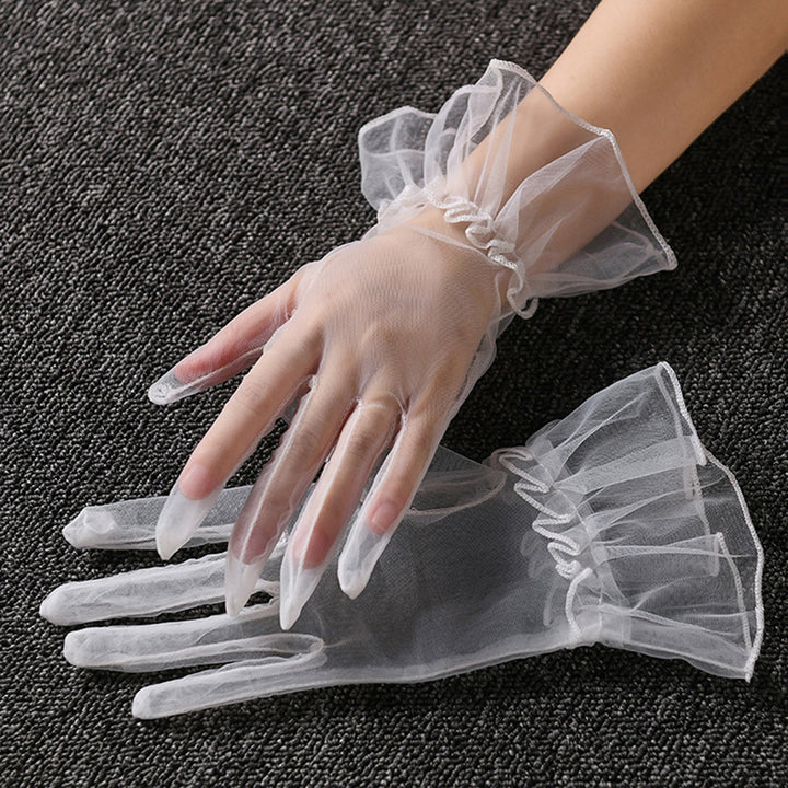 Women Wedding Gloves See-through Ultrathin Shirring Ruffle Lace Full Fingers Prom Ball Cocktail Stage Performance Bride Image 8