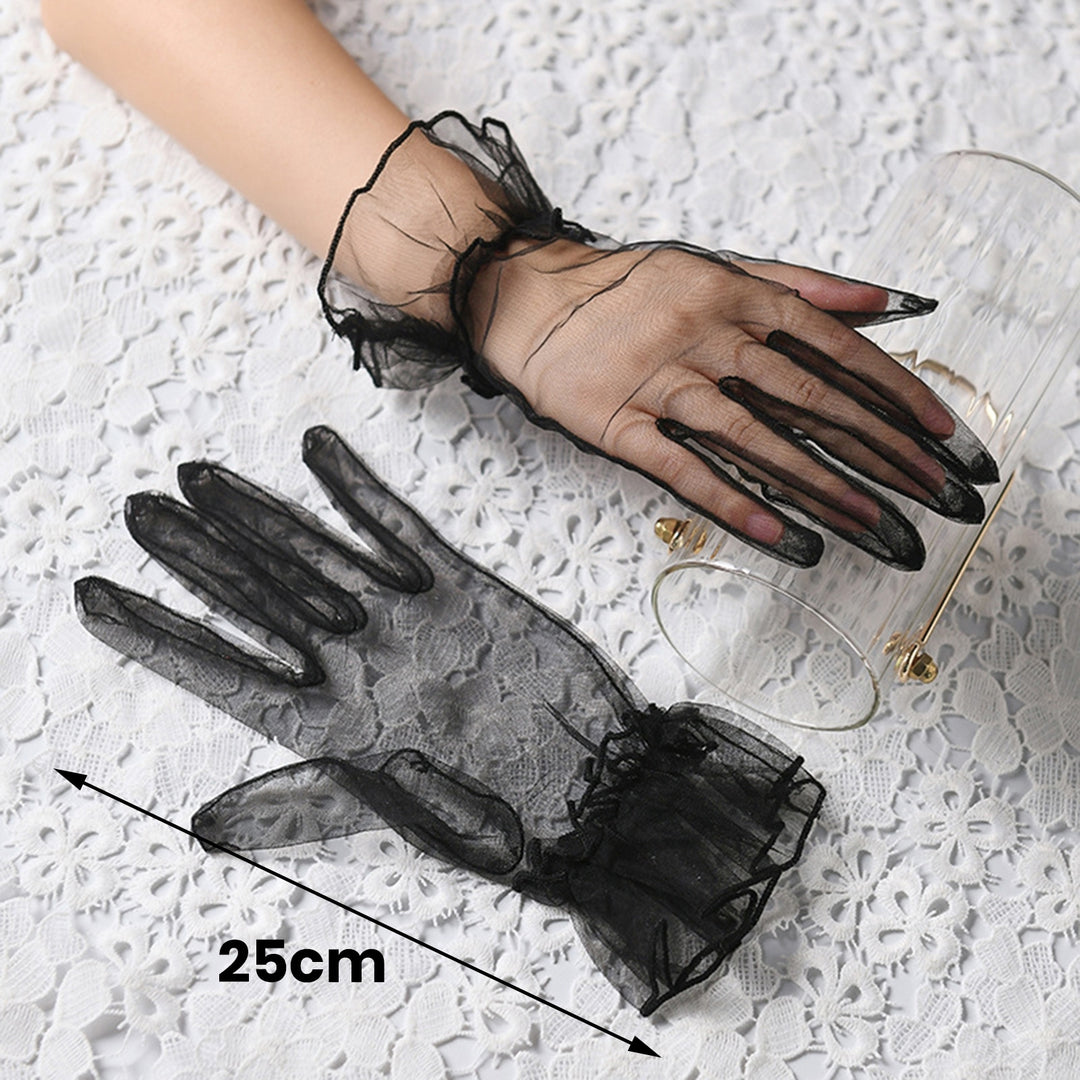 Women Wedding Gloves See-through Ultrathin Shirring Ruffle Lace Full Fingers Prom Ball Cocktail Stage Performance Bride Image 9