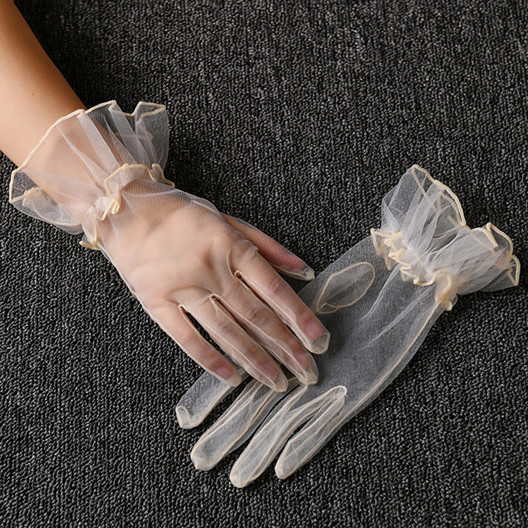 Women Wedding Gloves See-through Ultrathin Shirring Ruffle Lace Full Fingers Prom Ball Cocktail Stage Performance Bride Image 10