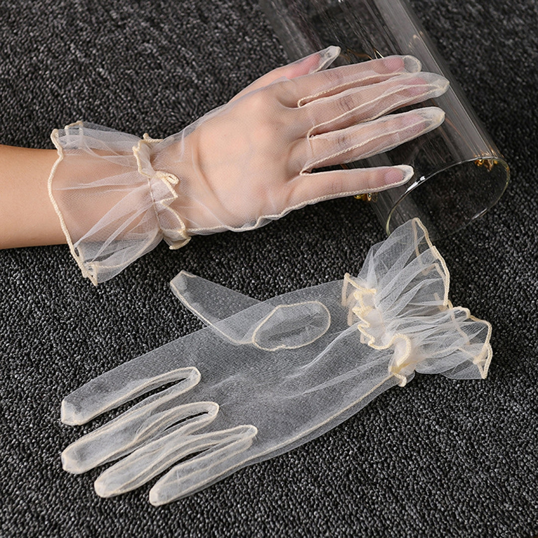 Women Wedding Gloves See-through Ultrathin Shirring Ruffle Lace Full Fingers Prom Ball Cocktail Stage Performance Bride Image 11