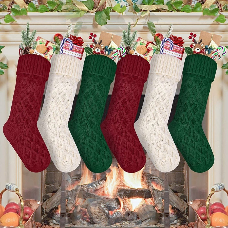 18 Inches Solid Color Christmas Stocking Large Size Rhombic Pattern Candy Gift Soft Woolen Yarn Knitting Sock Image 1