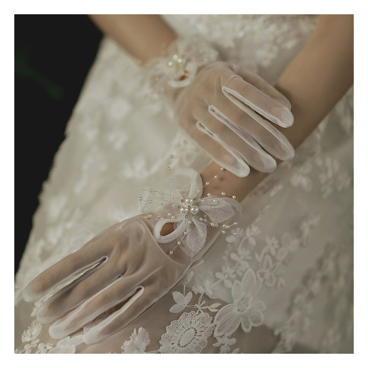 1 Pair Wedding Gloves Mesh Faux Pearl Bow-knot Lace Romantic White Full Fingers Fishnet See-through Bride Wedding Prom Image 3
