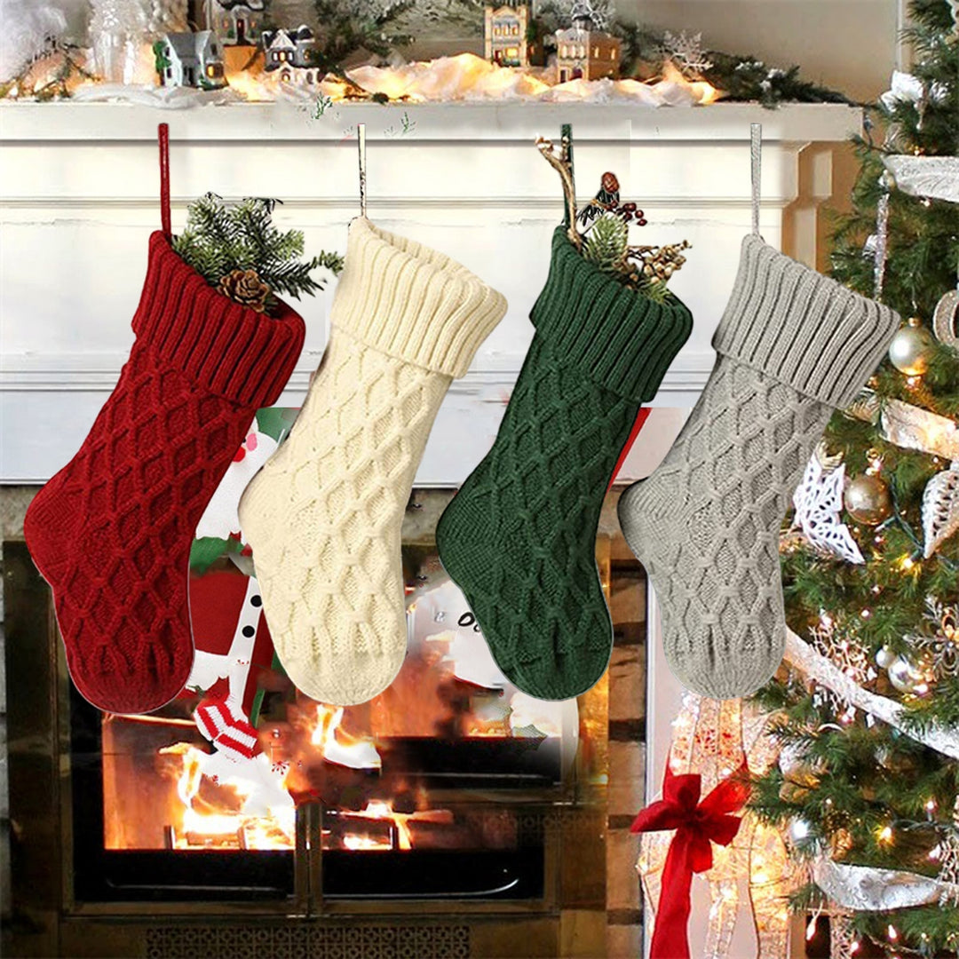 14 Inches Solid Color Christmas Fireplace Stockings Rhombic Texture Candy Gift Knitting Woolen Yarn Large Xmas Sock Image 8