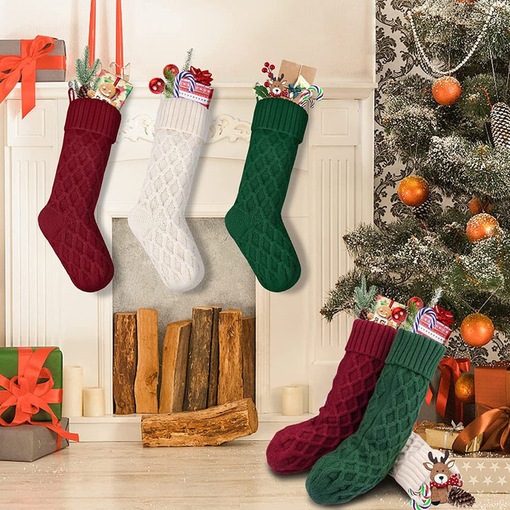 18 Inches Solid Color Christmas Stocking Large Size Rhombic Pattern Candy Gift Soft Woolen Yarn Knitting Sock Image 6