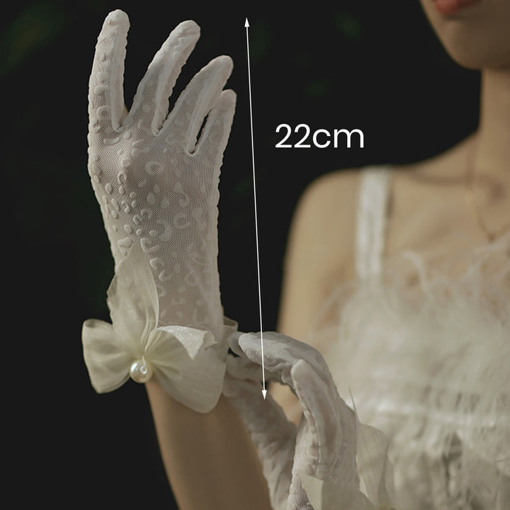 1 Pair Wedding Gloves Mesh Faux Pearl Bow-knot Lace Romantic White Full Fingers Fishnet See-through Bride Wedding Prom Image 8