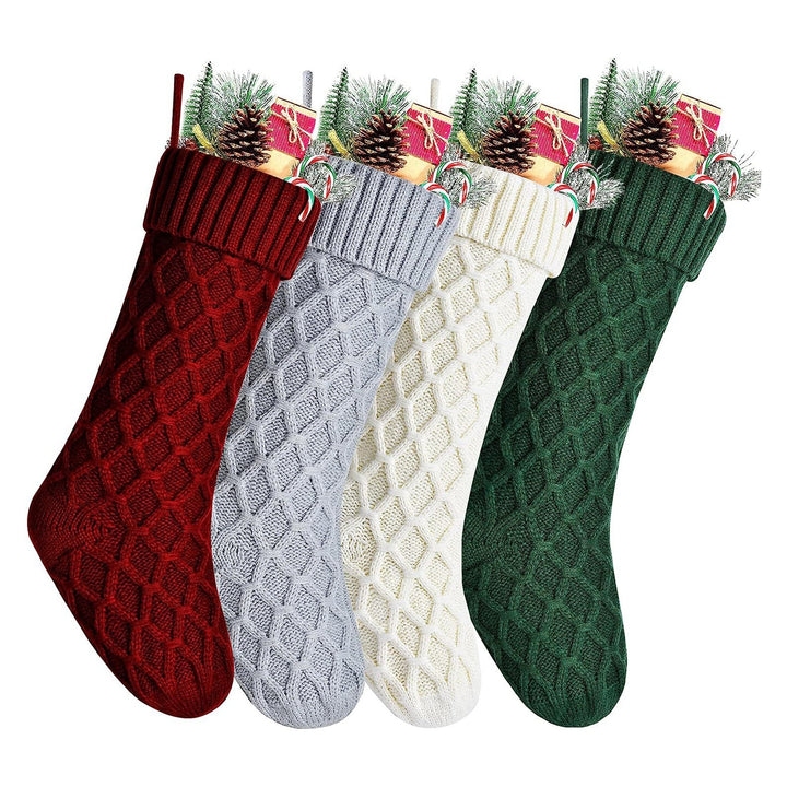 18 Inches Solid Color Christmas Stocking Large Size Rhombic Pattern Candy Gift Soft Woolen Yarn Knitting Sock Image 9