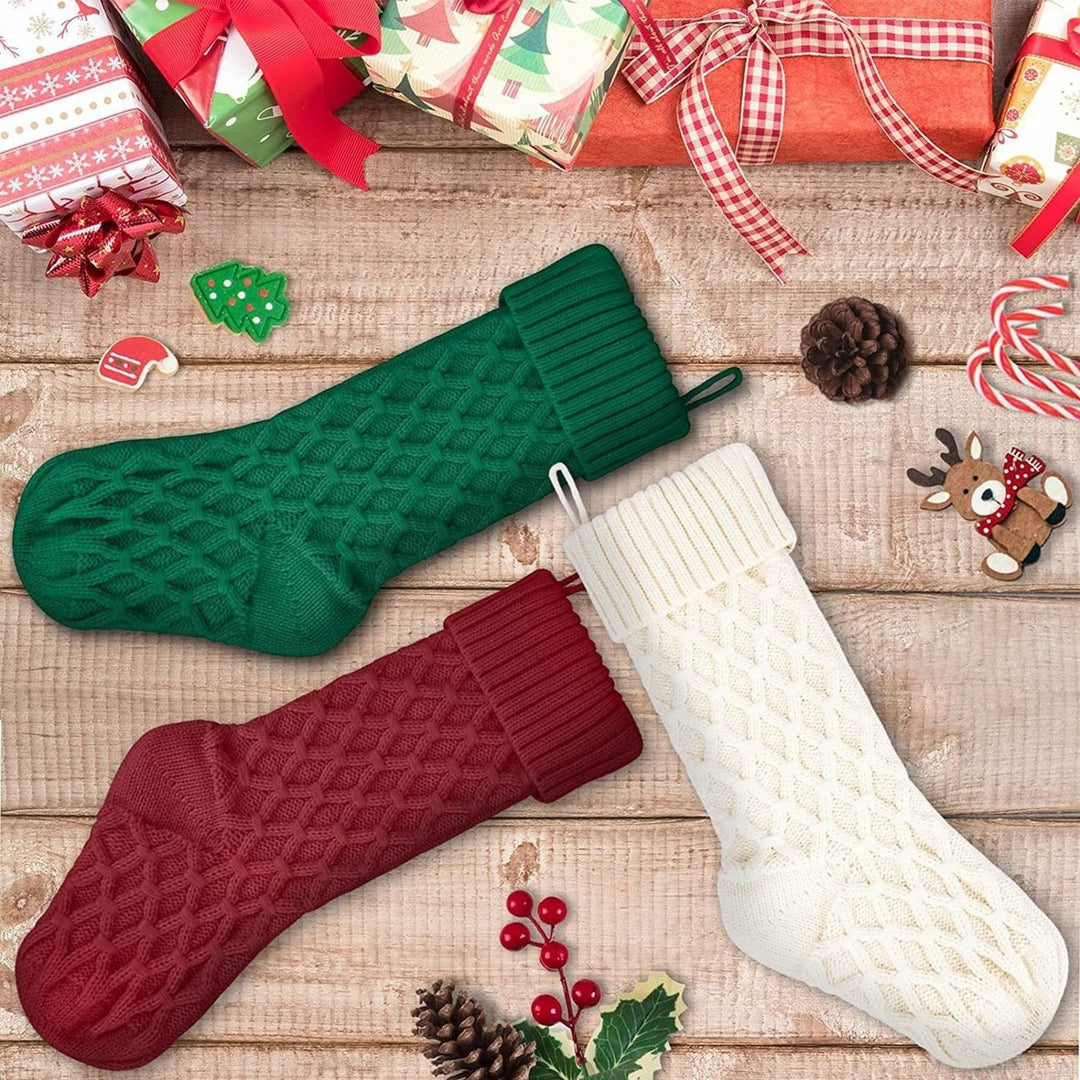 18 Inches Solid Color Christmas Stocking Large Size Rhombic Pattern Candy Gift Soft Woolen Yarn Knitting Sock Image 12