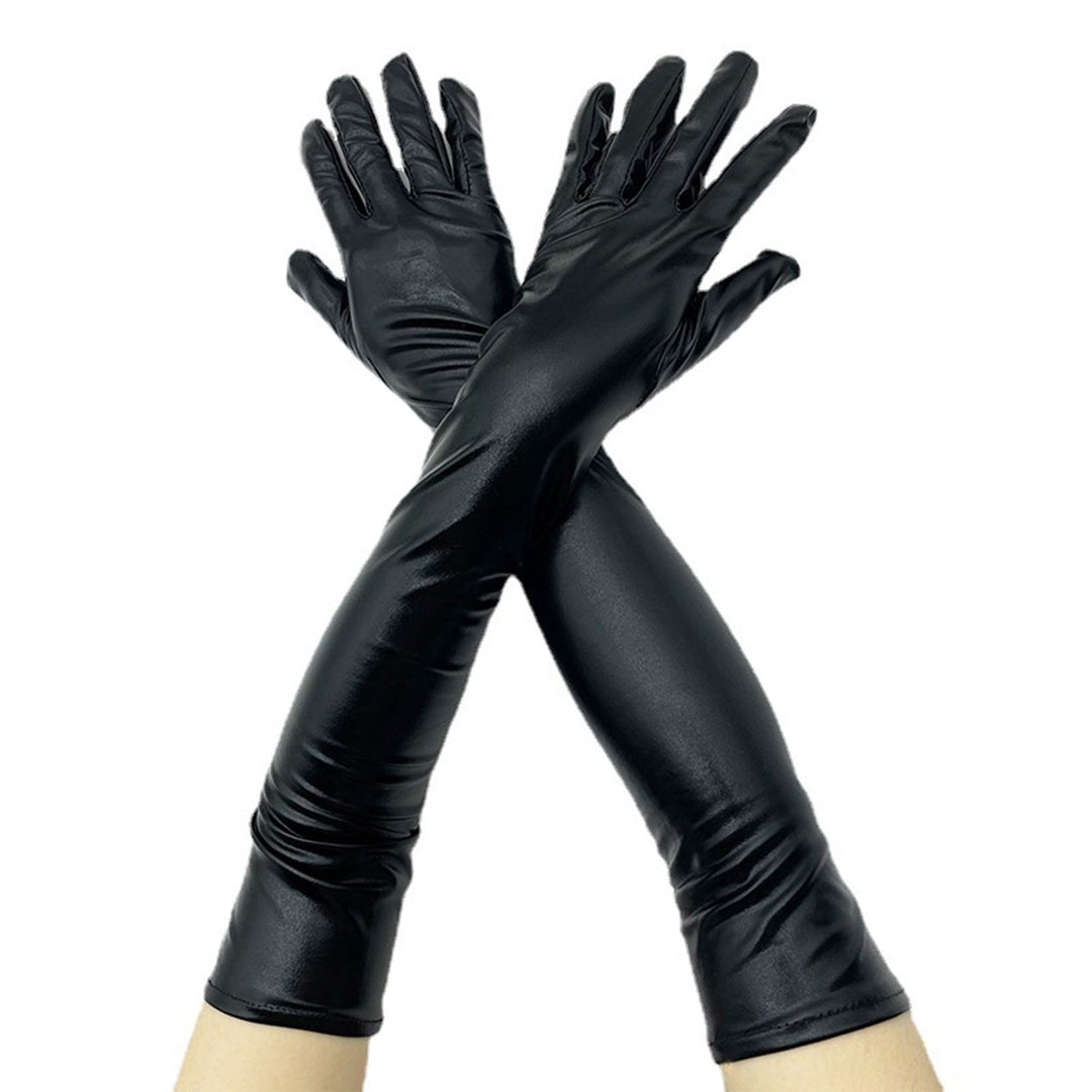 1 Pair Women Gloves Smooth Faux Leather Solid Color Full Fingers Elastic Elbow Length Night Club Cosplay Performance Image 1
