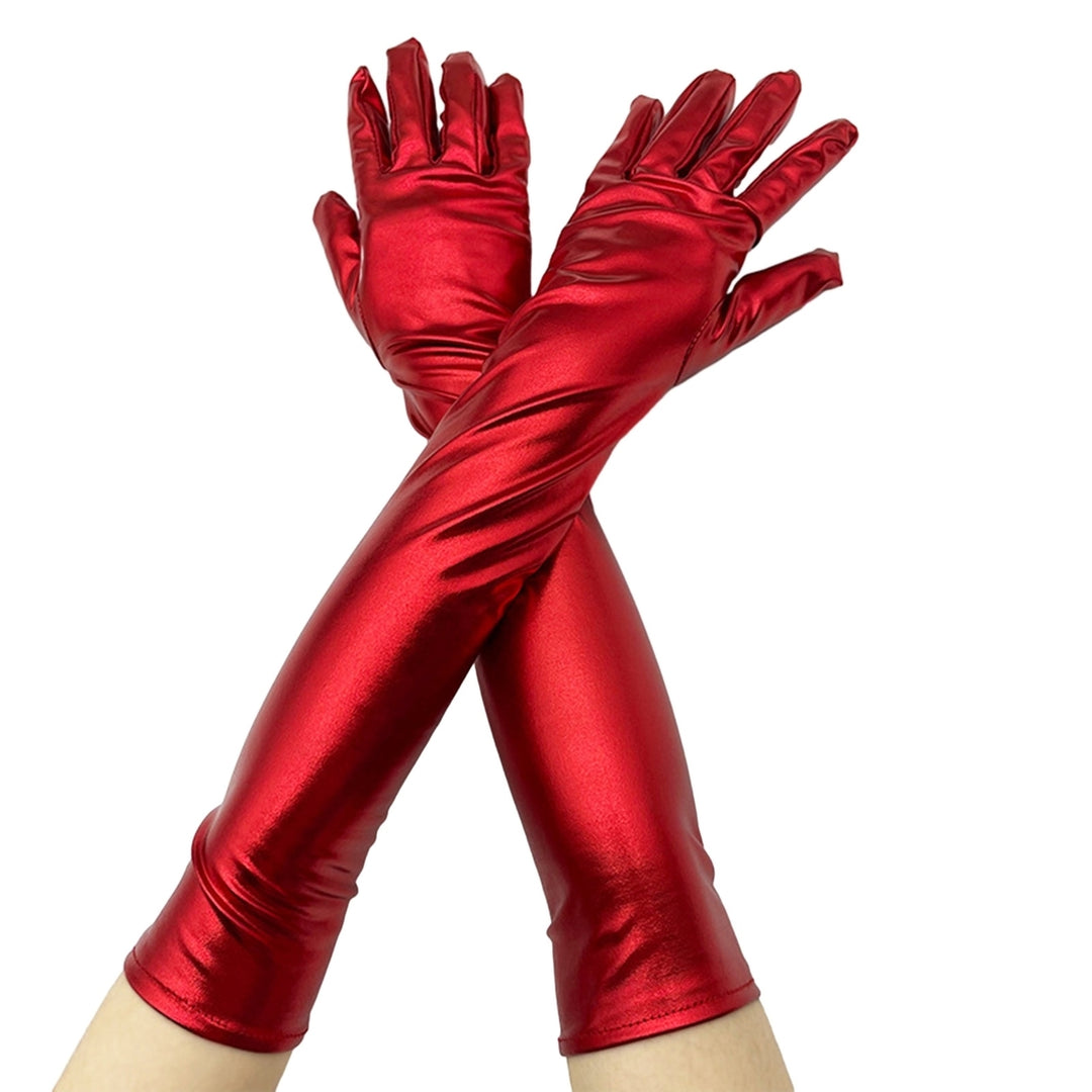 1 Pair Women Gloves Smooth Faux Leather Solid Color Full Fingers Elastic Elbow Length Night Club Cosplay Performance Image 3
