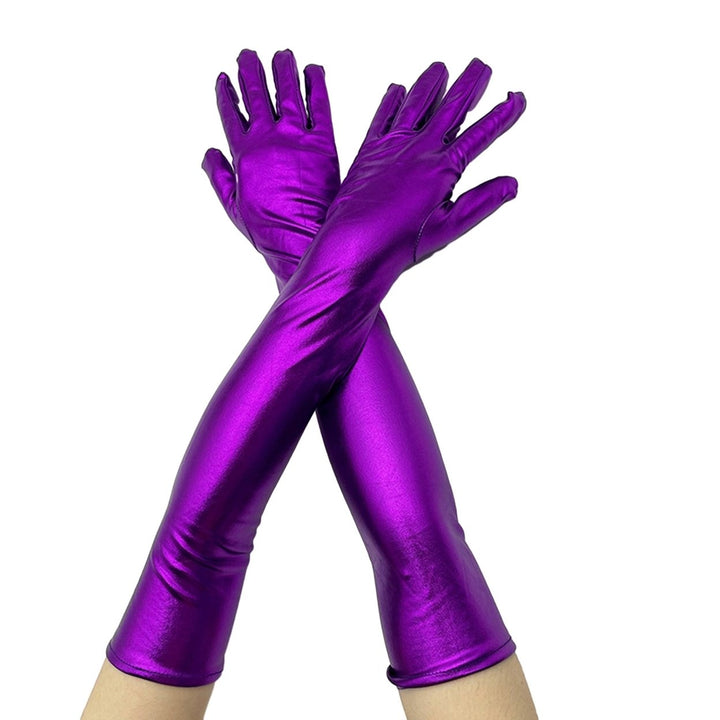 1 Pair Women Gloves Smooth Faux Leather Solid Color Full Fingers Elastic Elbow Length Night Club Cosplay Performance Image 1