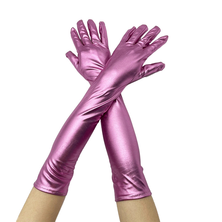 1 Pair Women Gloves Smooth Faux Leather Solid Color Full Fingers Elastic Elbow Length Night Club Cosplay Performance Image 1