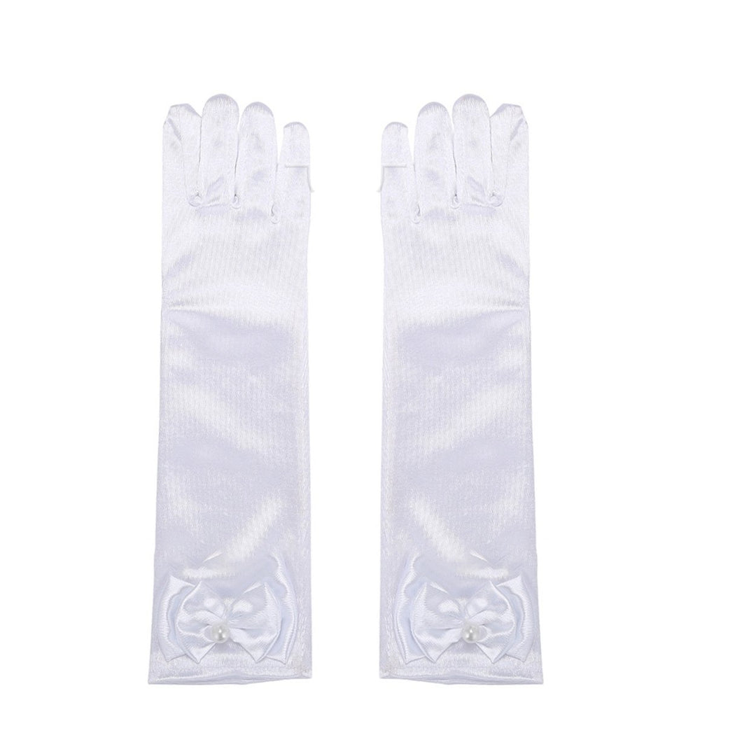 1 Pair Children Performance Gloves Faux Pearl Bow Decor Solid Color Full Fingers Satin Flower Girls Gloves Princess Image 1