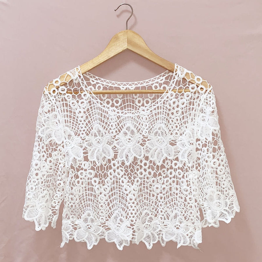 Women Hollow Out Embroidery Floral Lace Cover Up O-Neck Half Sleeve Jacquard Solid Color Loose Fit Pullover Tops Image 1
