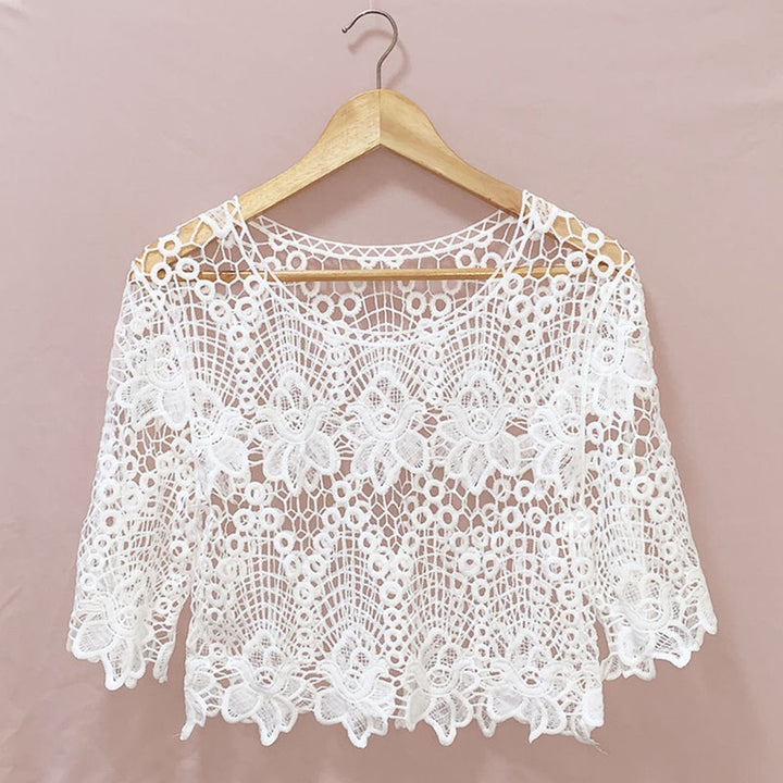 Women Hollow Out Embroidery Floral Lace Cover Up O-Neck Half Sleeve Jacquard Solid Color Loose Fit Pullover Tops Image 1